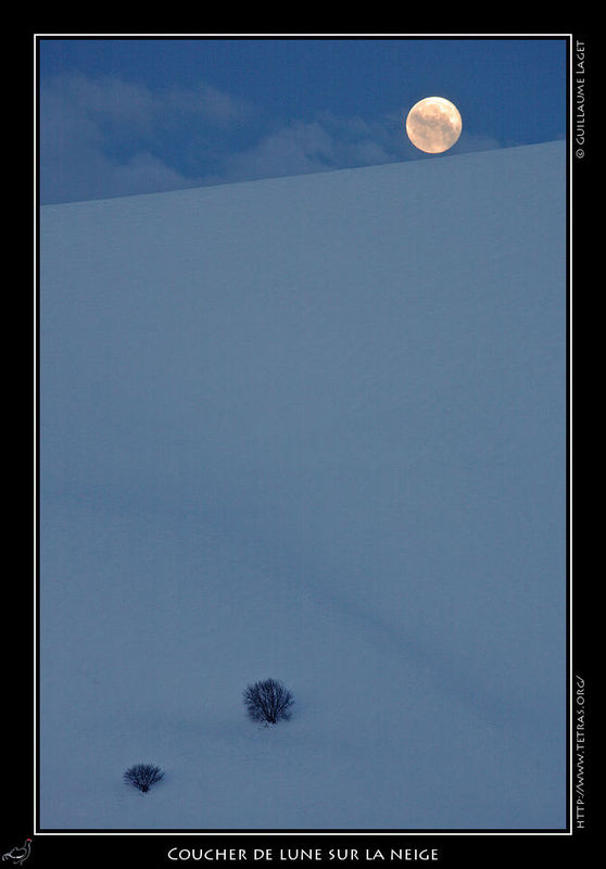 Photo : Ce week-end-là, pour profiter d'un ciel clair, il fallait être plutôt dans le sud des Alpes...voici donc un coucher de lune derrière une pente de neige, pris entre Ecrins et Dévoluy. 
